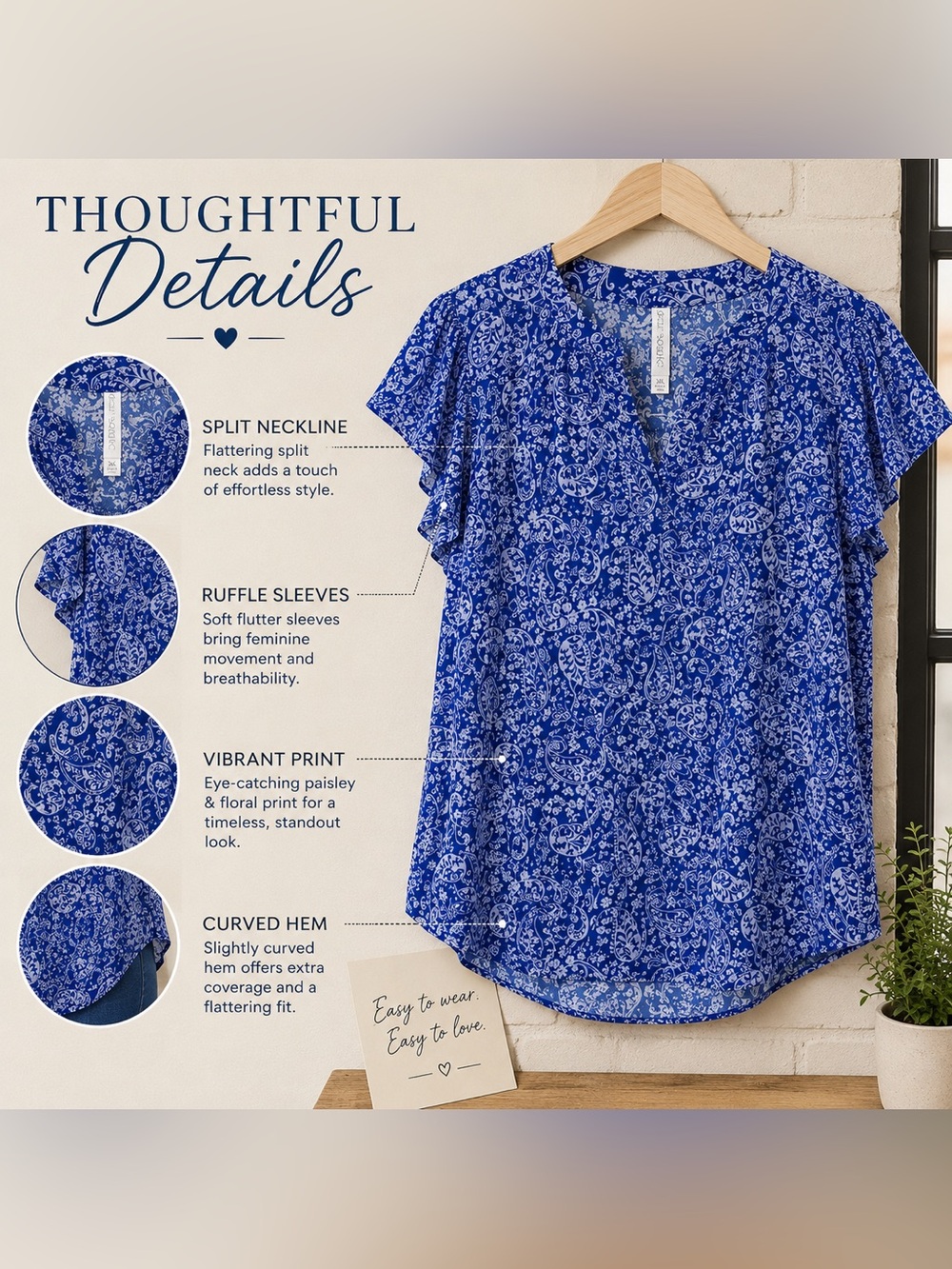 🆕 Dear Scarlett Blue Paisley Plus Size Blouse XL 2XL 3XL Lightweight Stretch Top - Picture 2 of 3
